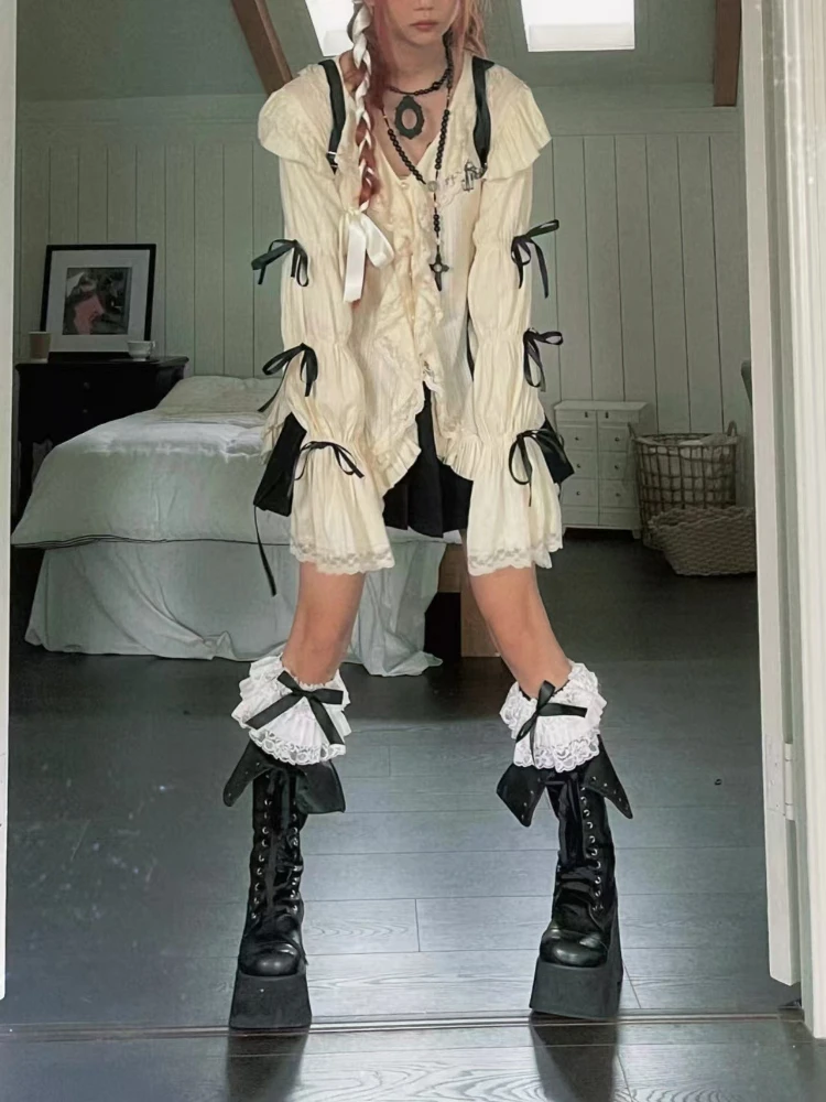 Gothic Harajuku Aesthetic Shirts Women Bandage Blouse Y2k Lolita Sweet Japanese Tops Ruffle Flared Sleeve Irregular Vintage Punk