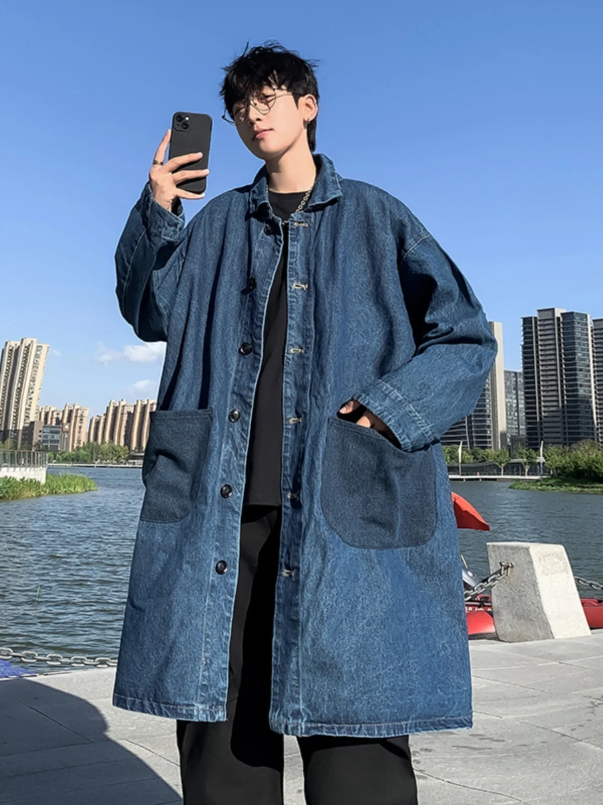 

Retro Japanese Sle Men's Loose Long Denim Jaet Spring Autumn Faionable Casual Coat Waed out Sle Hip And Haome