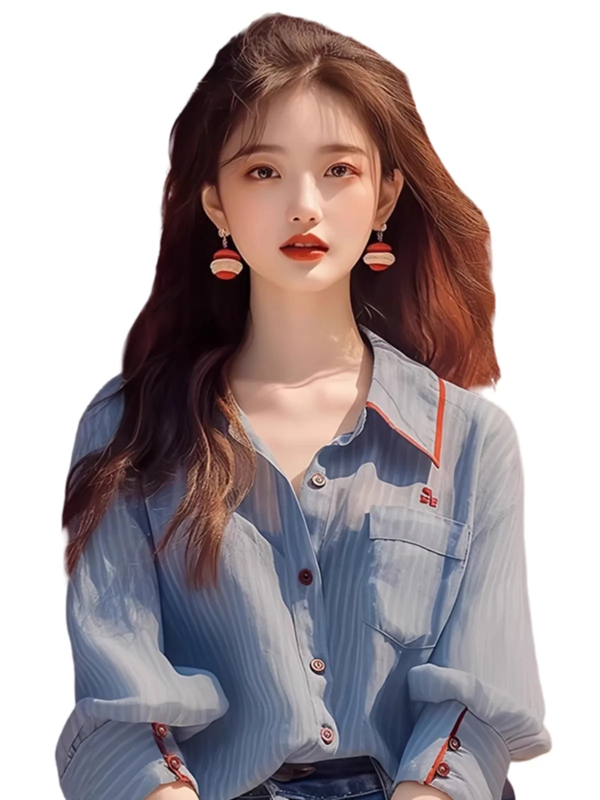 Niebieska koszula damska w paski z kołnierzykiem, elegancka, unikalna, w stylu koreańskim, długa, luźna, z włókna poliestrowego, z ochroną UV, kolekcja wiosna 2025.