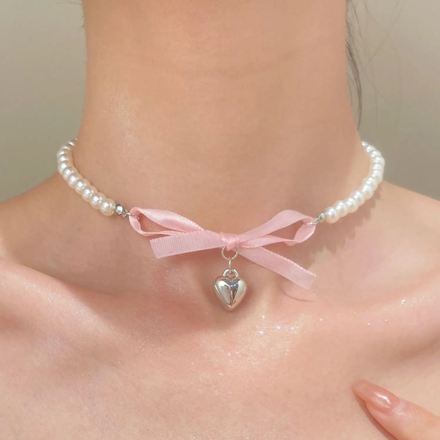 Faionable Pearl Heart Pink Bow Tie Clavicle Chain Nelace Cross-Border Bestseller Jewelry Sli Versatile Accory