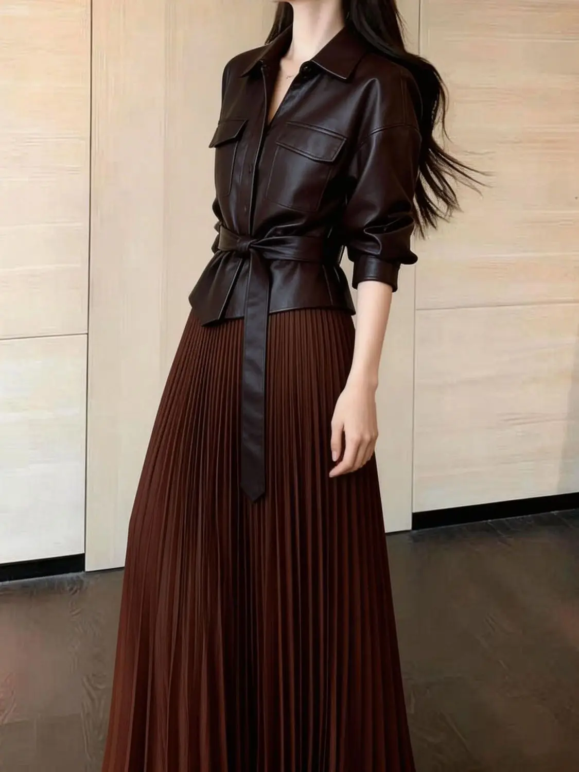 New Autumn High End Retro Women's Matching Set Lapel Long Sleeve Lace Up Pu Leather Coat + A-line Pleated Skirt Two Piece Sets
