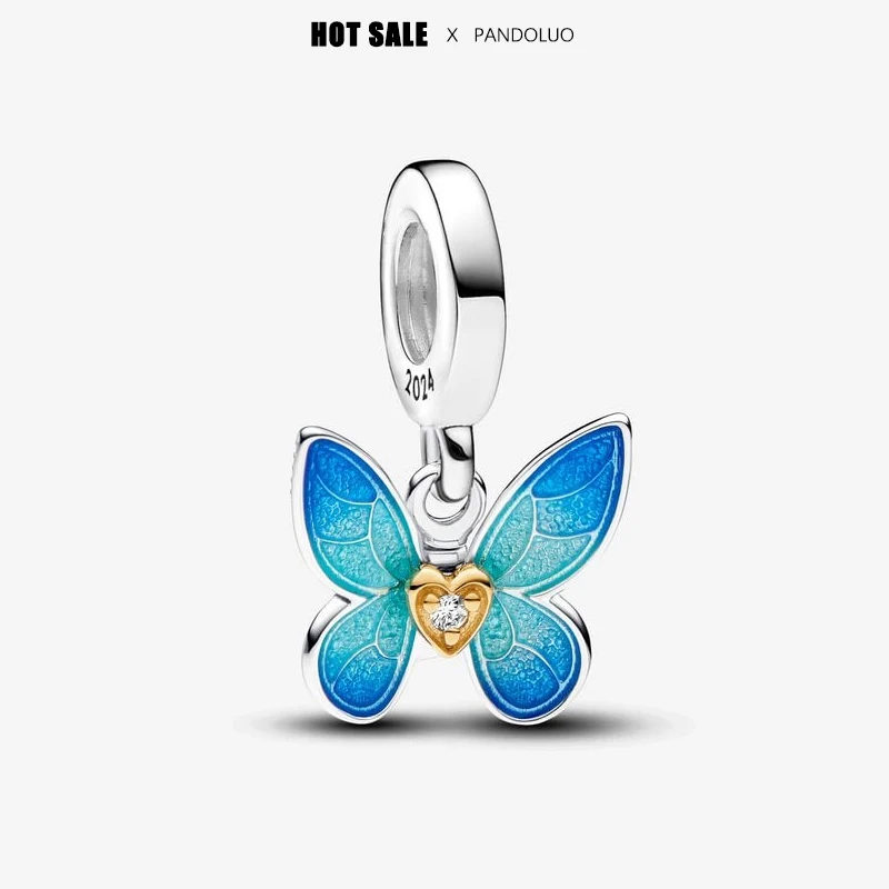 New in Club 2024 Butterfly Dangle Shape Charm Beads Fits Pandora Original Bracelet Necklace Women Pendant Bead DIY Jewelry Gifts