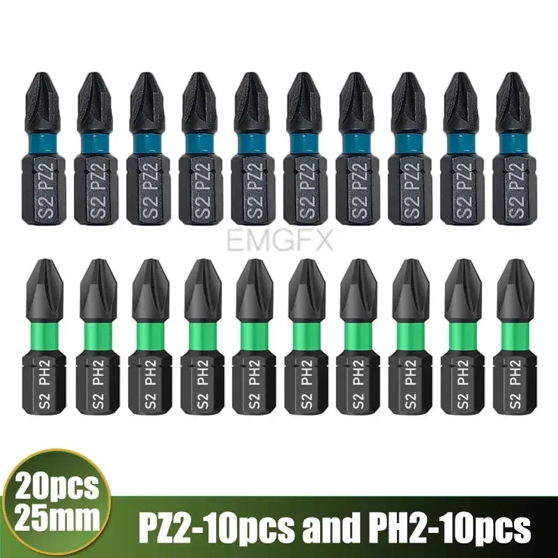 New 20Pcs 25mm PH2/PZ2 S2 Alloy Steel Screwdriver Bit Sets for Drill Impact Screwdriver Hex Magnet Professional Work Tools