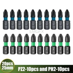 New 20Pcs 25mm PH2/PZ2 S2 Alloy Steel Screwdriver Bit Sets for Drill Impact Screwdriver Hex Magnet Professional Work Tools