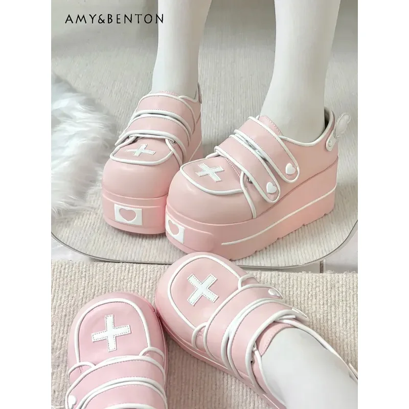 

25COSOriginal Japanese Cute Cross Print Thick-soled Muffin Shoes Subculture Sweet Cool Girl Round Head Pu Leather High Heels Wom