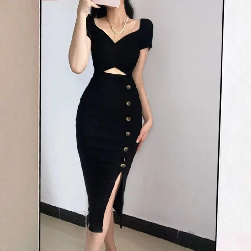 Gidyq Vintage Women Korean Dress Casual Sexy Hollow Out Midi Dresses Elegant Female Designed Buttons Slit Ball Gown Dress New