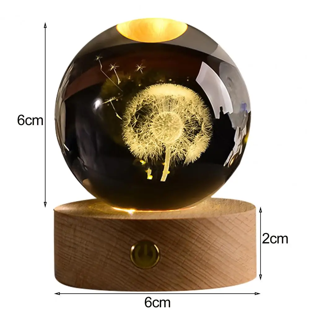 Faux Crystal Ball Night Light With Wooden Base 3D Engraved Solar System Planet Globe Sphere Bedside LED Lamp Desktop Decoration