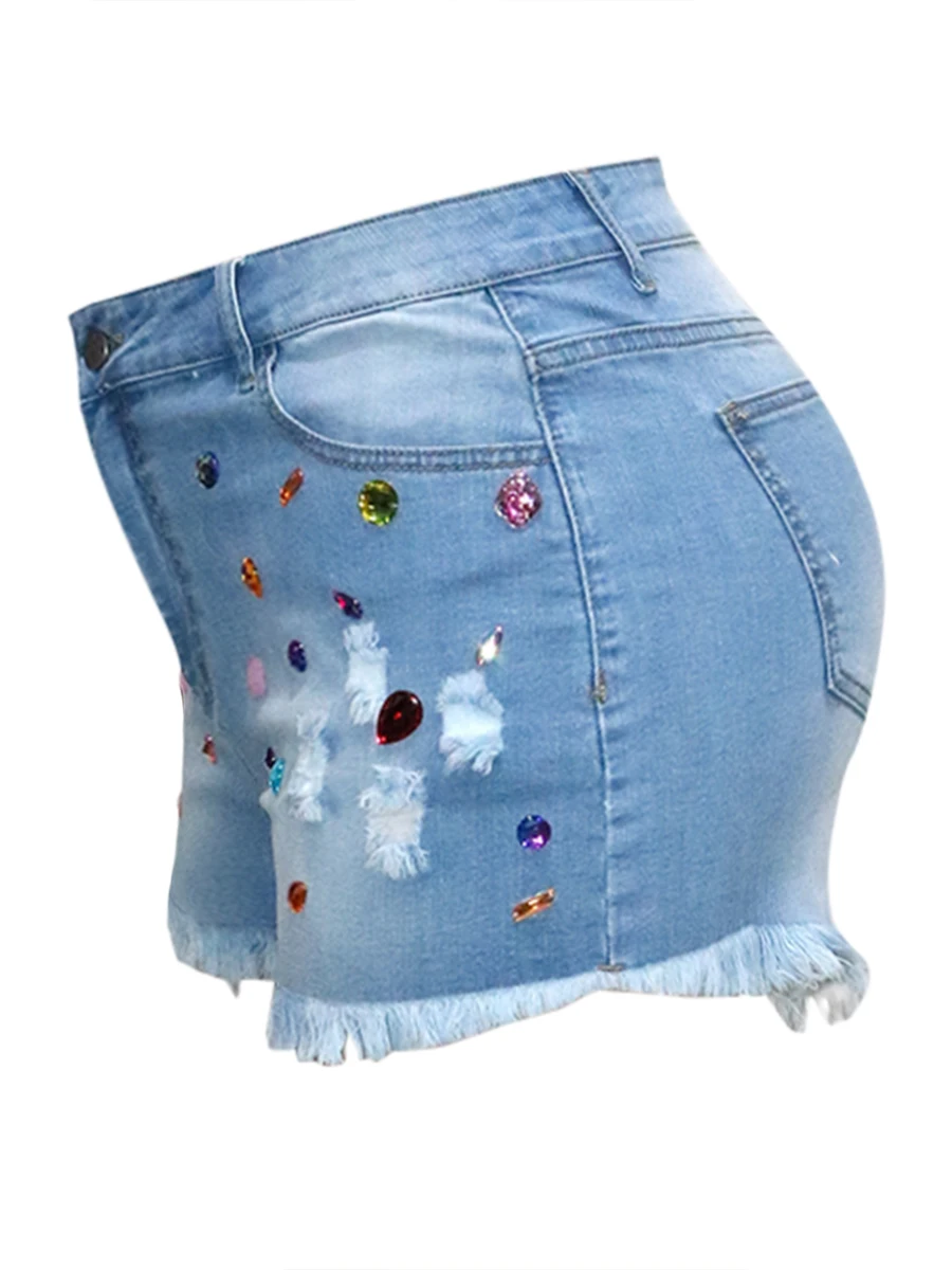 LW Szorty Plus Size Bead Decor Raw Edge Denim Shorts Women Fashion Denim Shorts For Women Summer High Waist Loose Ropa Mujer