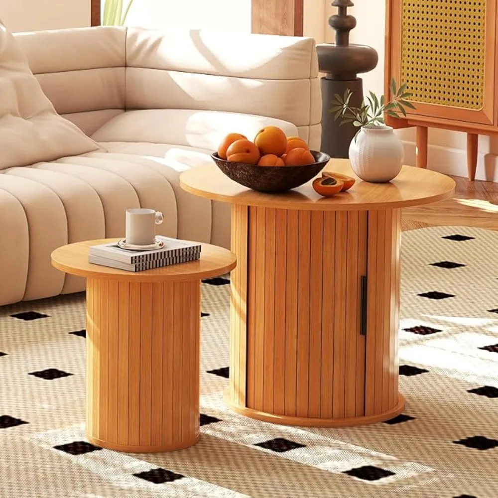 

Round Wood Coee Table 23.6IN with Hidden Storage & Sliding Door, Circle armhouse Side Table Sets or Living Room, Bedroom, Balcon