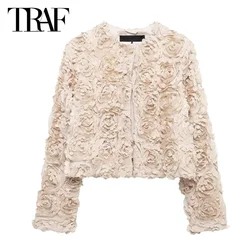 TRAF Floral Cropped Jackets Summer Outerwears Women 2024 Coats Ladies Fashion Long Sleeve Elegant Vintage Champagne Short Coats