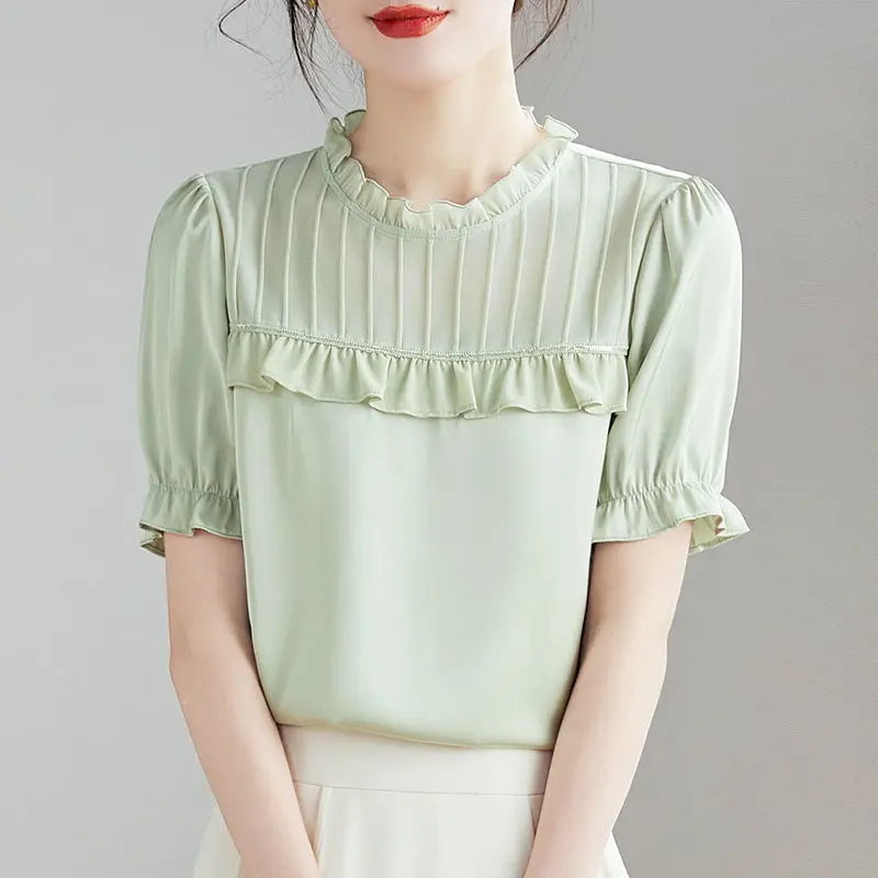 

Elegant Solid Color Spliced Folds Ruffles Blouse Women's Clothing 2023 Summer New Casual Pullovers Puff Sleeve Office Lady Shirt