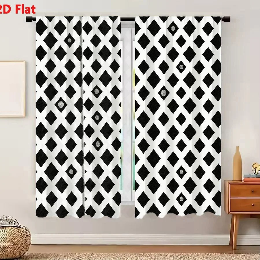 2Pcs Curtains 2D Flat Black And White Geometric Diamond Pattern Fabric With Metallic Rivets And Vertical Seam Window Drapes for