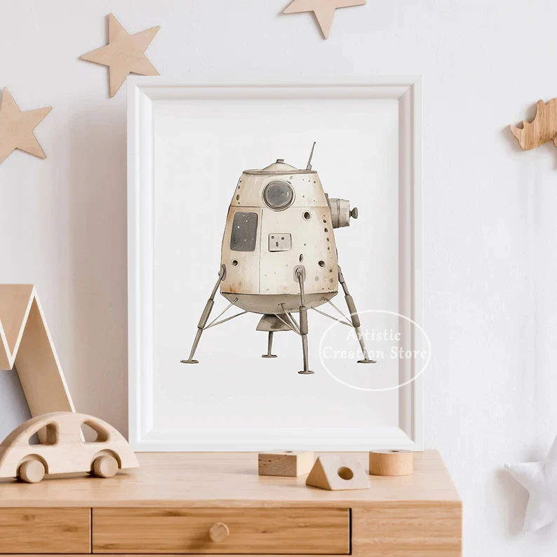 Neutral Solar System Outerspace Rocket Astronaut Moon Saturn Poster Canvas Painting Wall Art Pictures Home Playroom Decor