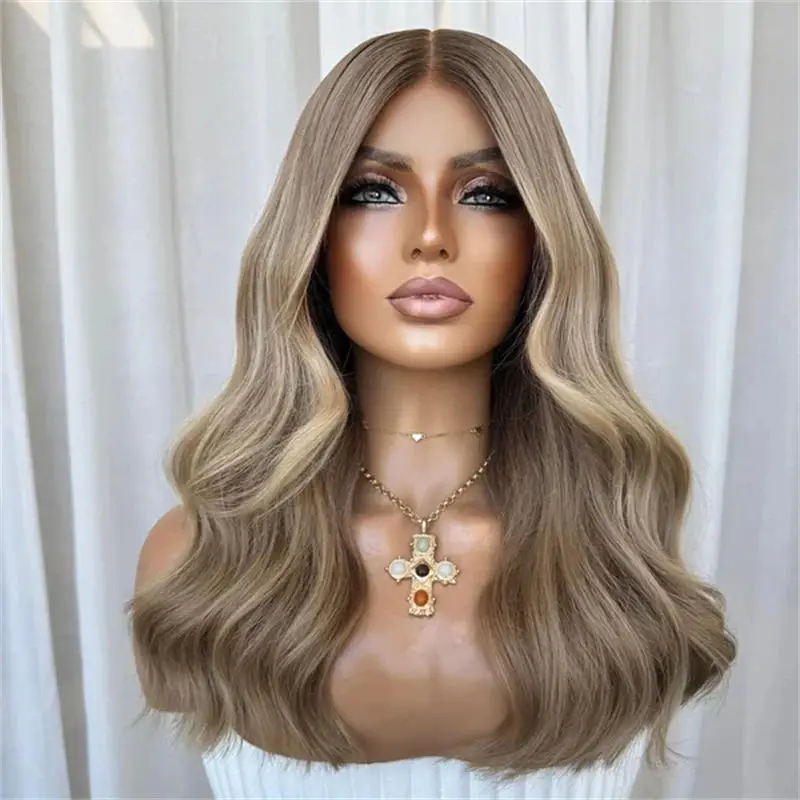 

Синтетический парик средней длины светло-коричневого цвета с эффектом балаяж и волнистыми прядями, высококачественный, 150% плотность, термостойкое волокно, для повседневного использования