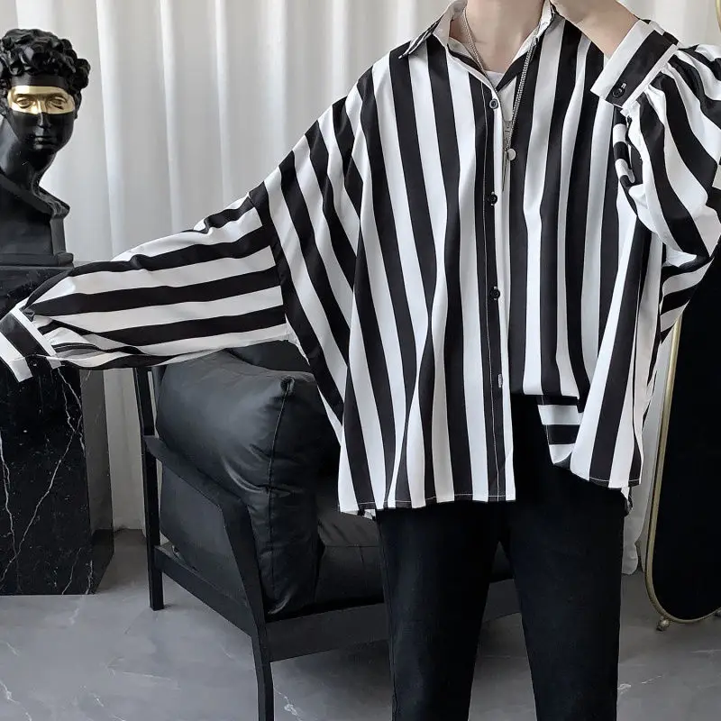 Men's Clothing Striped Long Sleeve Shirt New Arrival Lightweight Loose Fit Korean Style Casual Trendy Fashion Top