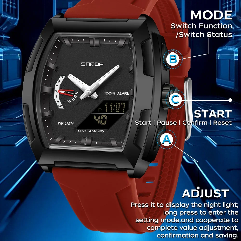 SANDA Military Man Watches Luxury Dual Display Men Wristwatches Fashion Luminous Waterproof Calendar Quartz Watch Reloj Hombre