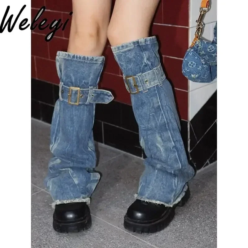 Y2k Japanese Style Girl Black Denim Leg Cover 2024 Spring New Harajuku Woman Gtring Cross Feel Boot Cover Horn Sock Cover Trendy