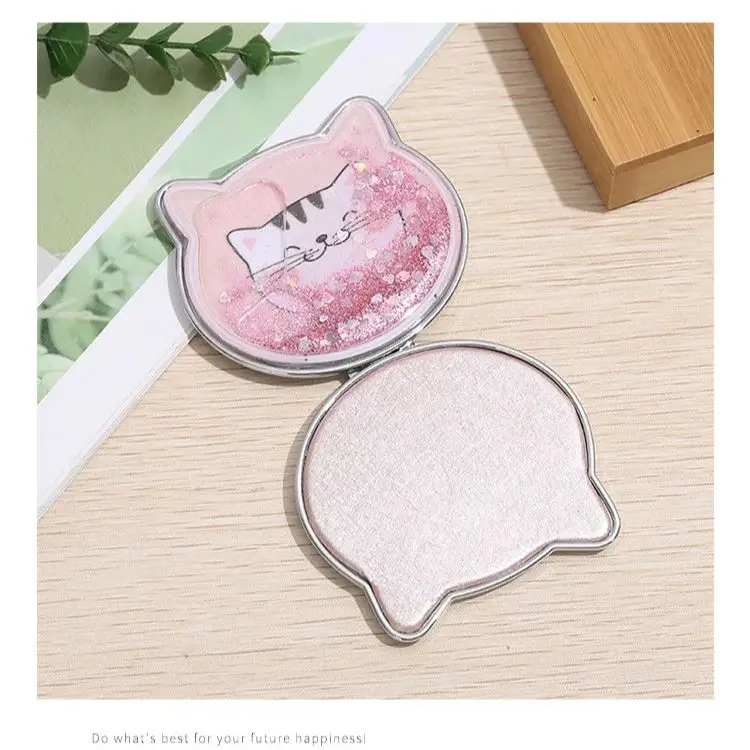 Cute Cat Shaped Handheld Mirror with Shiny Sequins Design Portable Small Folding Hand Mirror Double Side Makeup Mirror Gift