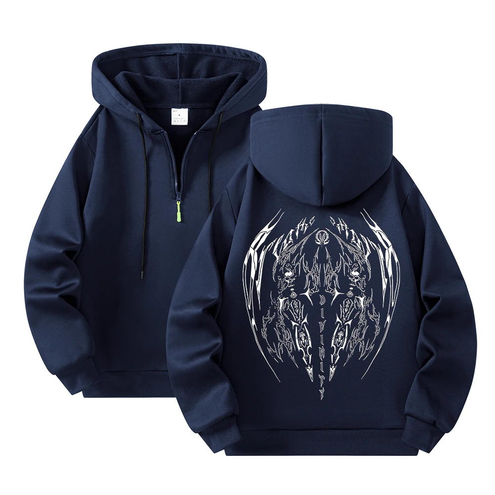 Moletom preto com capuz e meio zíper com estampa de diabo alado estilo de rua hip-hop solto e casual outono/inverno pulôver masculino