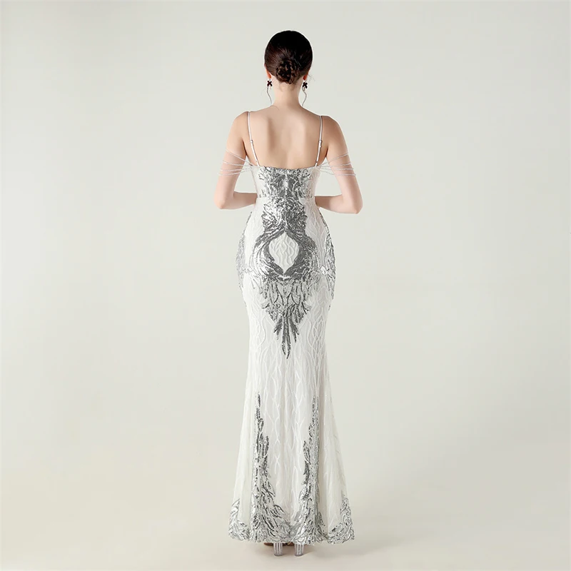 Nowa Letnia Damska Seksowna Elegancka Sukienka na Cienkich Ramiączkach z Głębokim Dekoltem V, Odkrytymi Plecami, Cekinami, Biała Suknia Wieczorowa na Wesele, Imprezę, Koktajl, Bal Maturalny, Długa