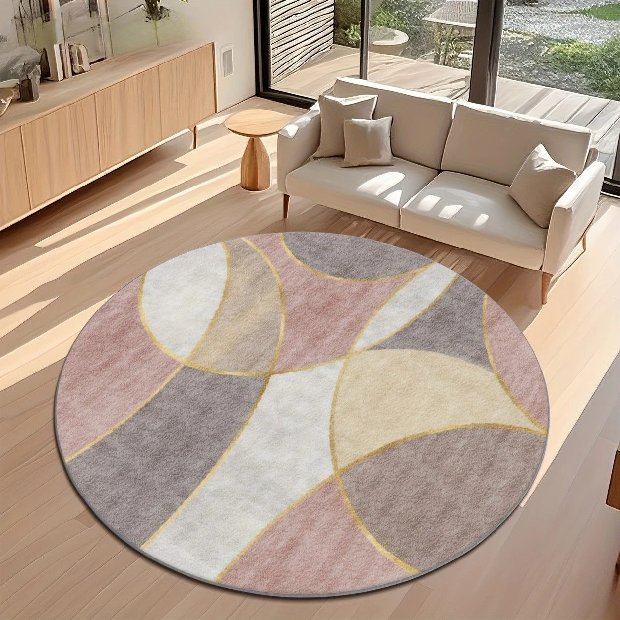 Modern Geometric Overlapping Circles Round Rug  Black Base Teige Beige Grey Circular Non Slip Floor Mat for Living Room Office