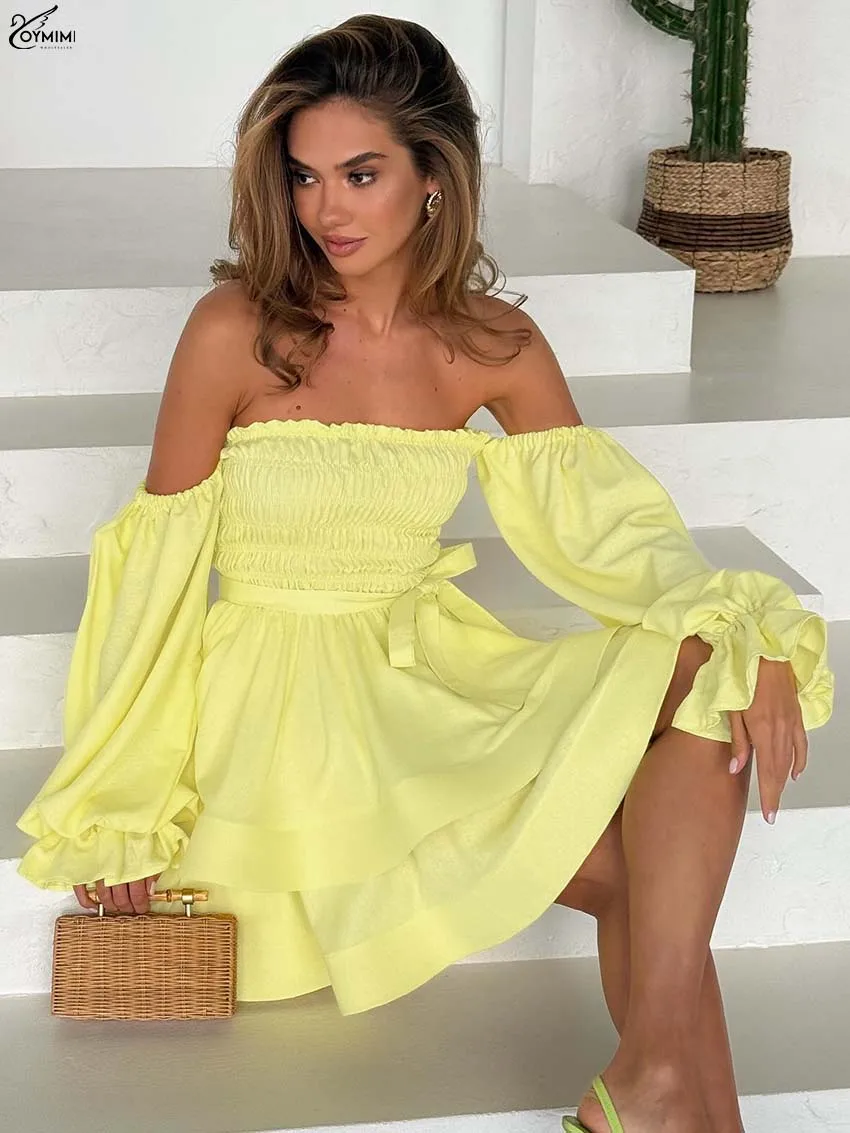 Oymimi Casual White Cotton Dresses 2025 Woman Fashion Strapless Long Sleeve Open Back Dresses Autumn Lace-Up Ruffled Mini Dress