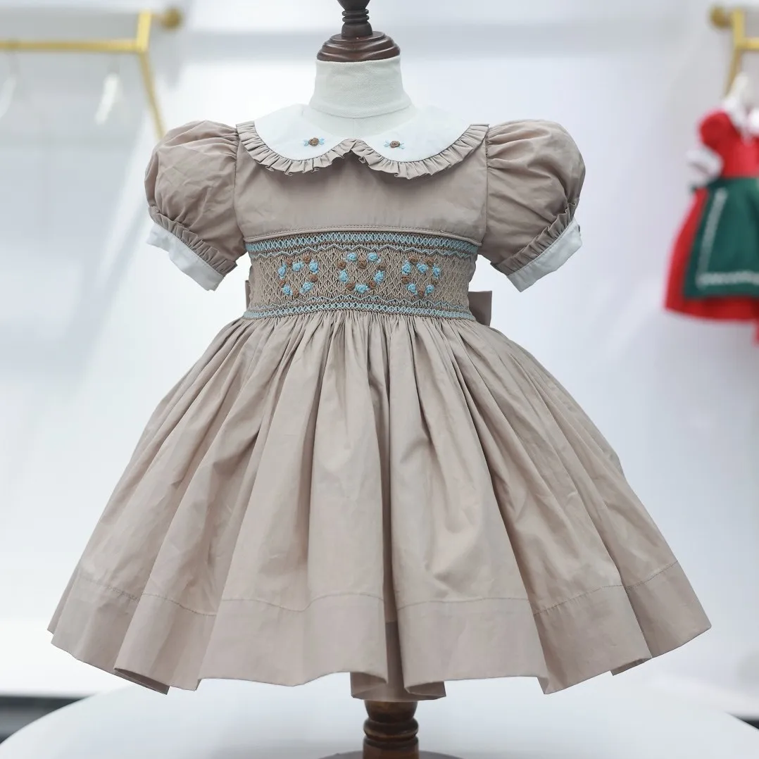 

Baby Girl Summer Heart Handmade Rose Embroidery Vintage Princess Smocking Khaki Dress for Birthday Holiday Eid Photograph A203