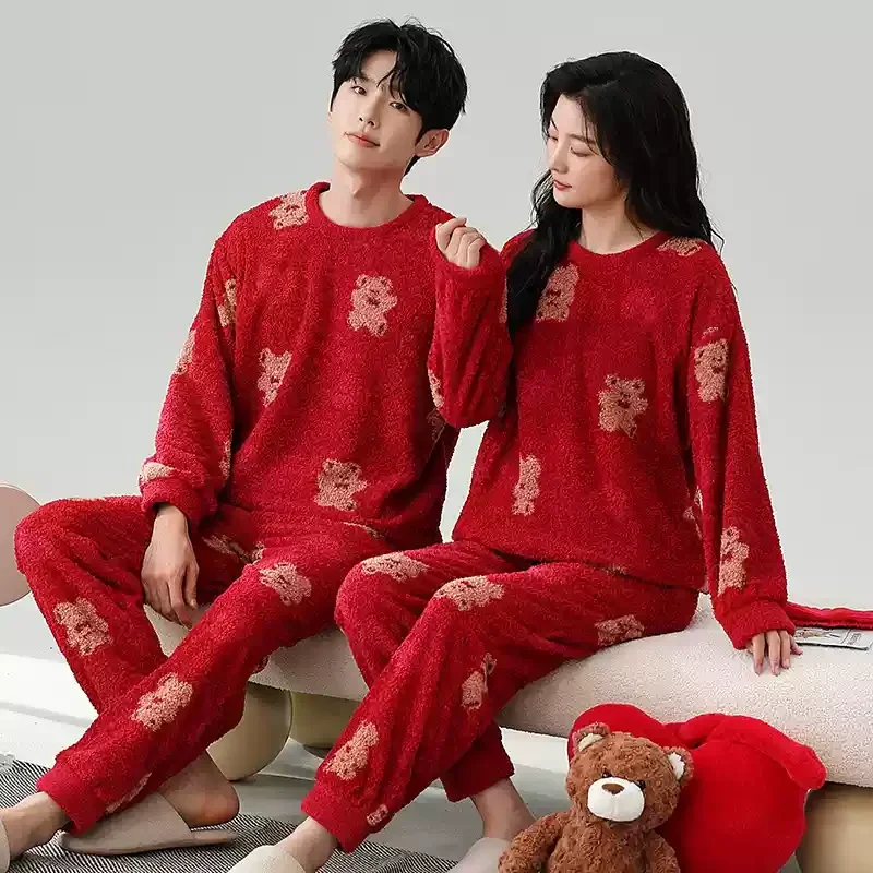 Coreano coral velo homewear feminino e masculino combinando pijamas conjunto para o inverno casal dos desenhos animados bonito pijamas pareja