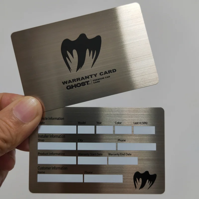 Custom Professional high quality brush silver stainless steel warranty card with stripe and signature panel