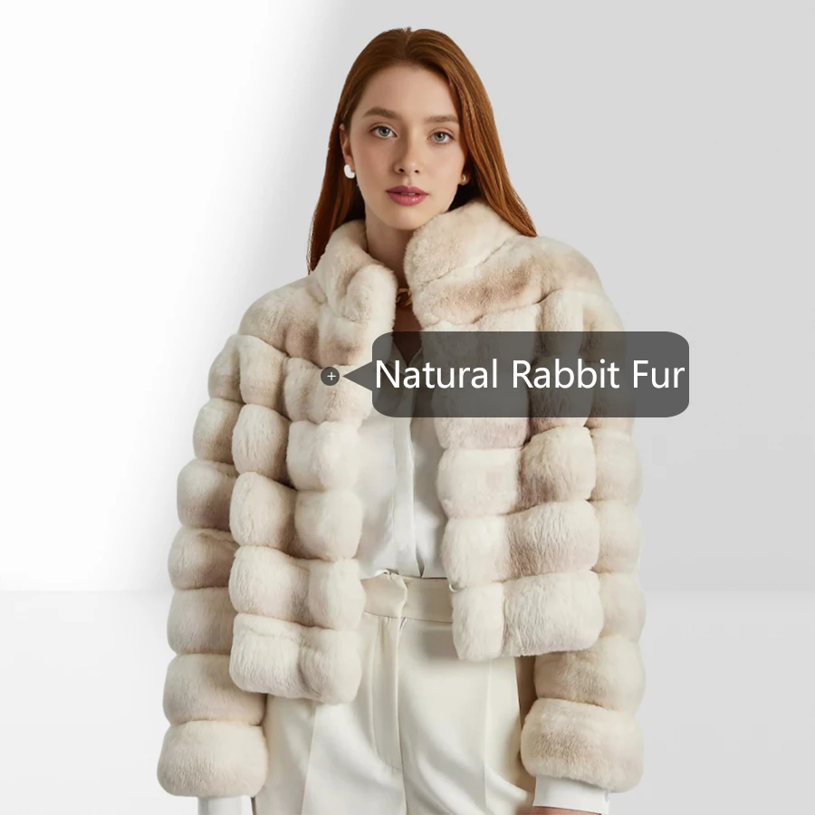 Abrigo de piel de conejo auténtica con cuello alto, abrigo de piel de Color Chinchilla para mujer, Chaqueta de piel corta de invierno, abrigo de piel Natural de alta calidad