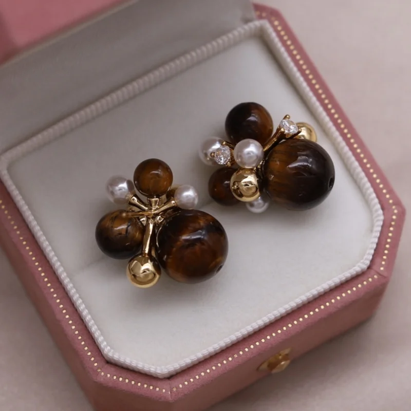 مجوهرات عصرية بتصميم كوري جديد عيار 14 قيراط مطلية بالذهب والفشار والخرز البني والأقراط الرجعية الأنيقة والإكسسوارات اليومية النسائية #4