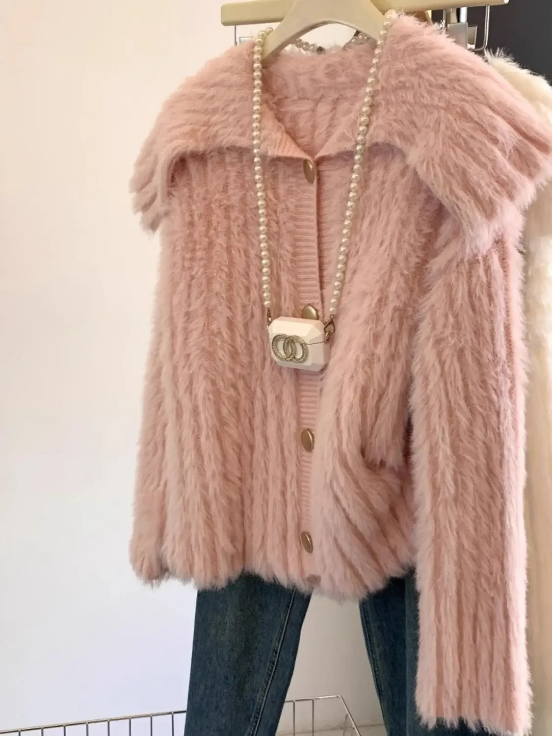 Mink coat, doll fur, lazy sweater, thick knit, autumn and winter new cardigan top, worn outside knitted cardigan 4