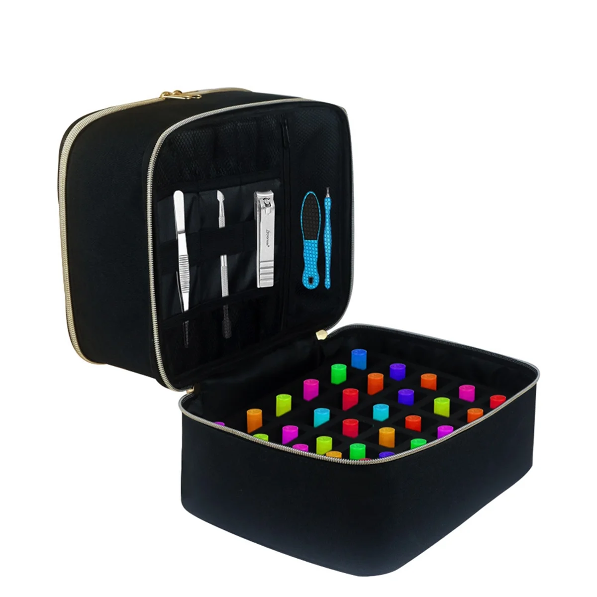 Nagellack-Organizer, Nagellack-Aufbewahrungstasche, tragbarer Nagellack-Halter für 30 Flaschen und Nageltrockner-Lampe, Schwarz