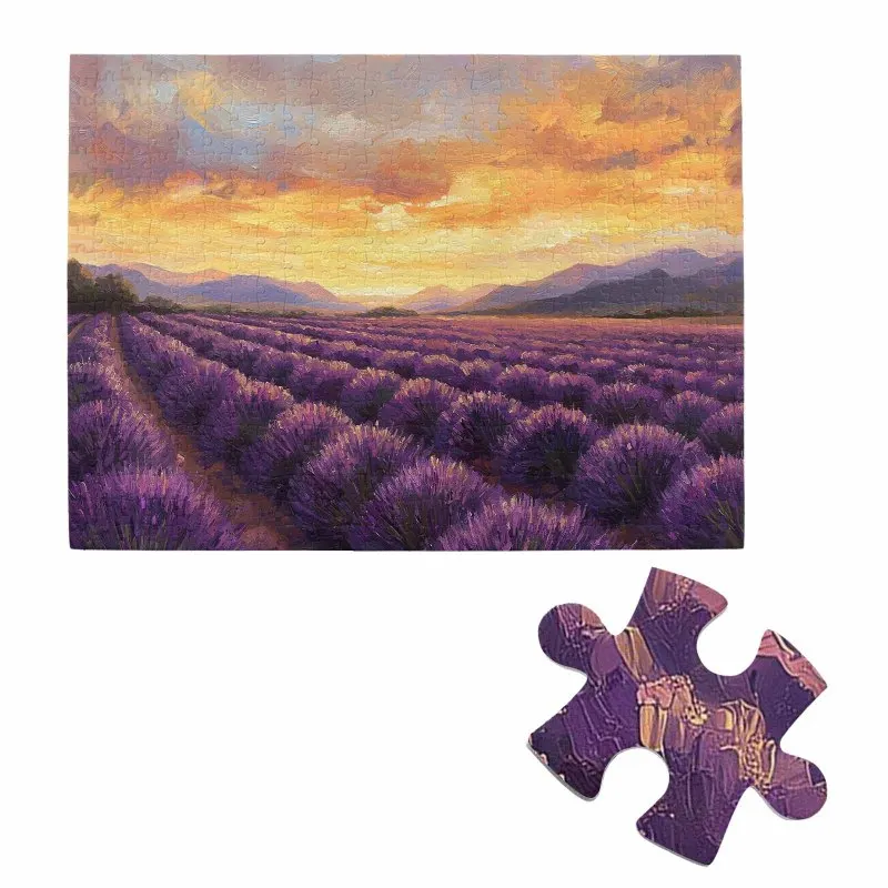 Quebra-cabeça de 500 peças para adultos - campo de lavanda, céu do pôr do sol, quebra-cabeça com padrão de paisagem colorida