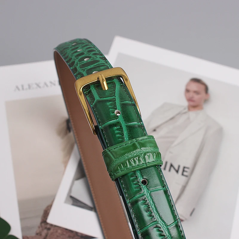 Women's Retro Simple Crocodile Pattern Leather Green Belts Female Belt Fashionable For Women Dress Decoration Waistband
