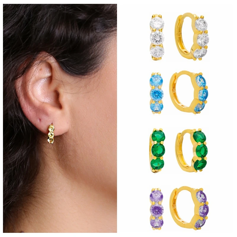 925 Sterling Silver Needle Three Zircon Circles 13mm Hoop Earrings for Women Green/Purple/Yellow/White Crystal Earrings Jewelry