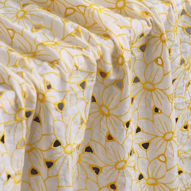 100% Cotton Embroidered Eyelet Lace Fabric Yellow Hollow Out Floral Soft Summer Lightweight Breathable Dress Custom DIY Sewing view 5