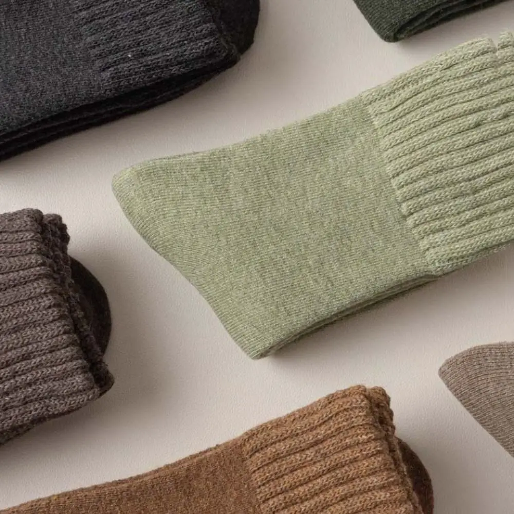 

5Pairs Simple Thicken Warm Socks Solid Color Thicker Thermal Mid Length Socks Mid Tube Stripe Winter Socks Men Men Boy