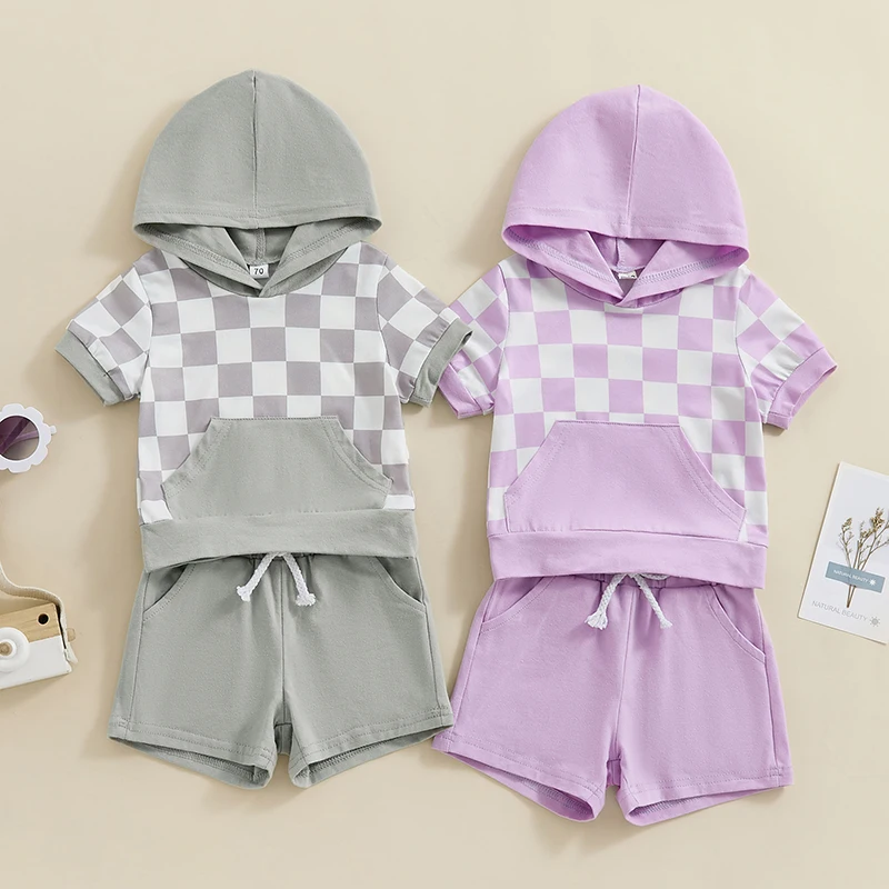 

Mubineo Toddler Summer Shorts Sets Short Sleeve Checkerboard Print Hooded Tops and Drawstring Shorts Sets