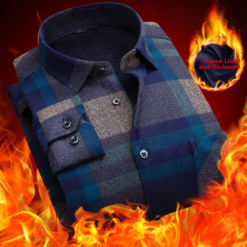 

Men's Thermal Cotton Shirt Fleece Lined Thickened Pure Cotton Large Size Dad's Inner Wear Outerwear Top for Autumn Winter