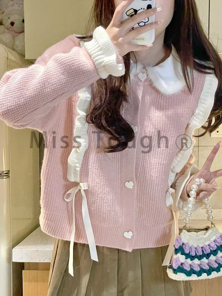 Pink Japanese Kawaii Two Piece Set Women Preppy Style Bow Sweet Skirt Suit Female Knit Cute Cardigan ＋ Brown Elegant Mini Skirt