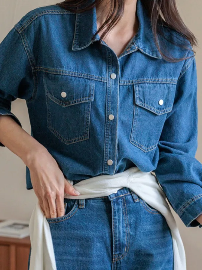

Retro Hong Kong Sle Women's Denim irt Long Sve Cardigan Design Layering Top Faionable Autumn New Arrival