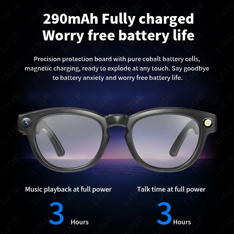 LIGE New 8MP Video Camera Glasses ColorChange AI Smart Glasses Bluetooth Call Music Noise Reduction Smart Sunglasses Android iOS