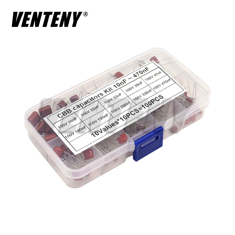 100pcs/lot 100V 10nF~470nF Metallized Polyester Film Capacitors Assortment Kit High precision and stability CBB capacitor set