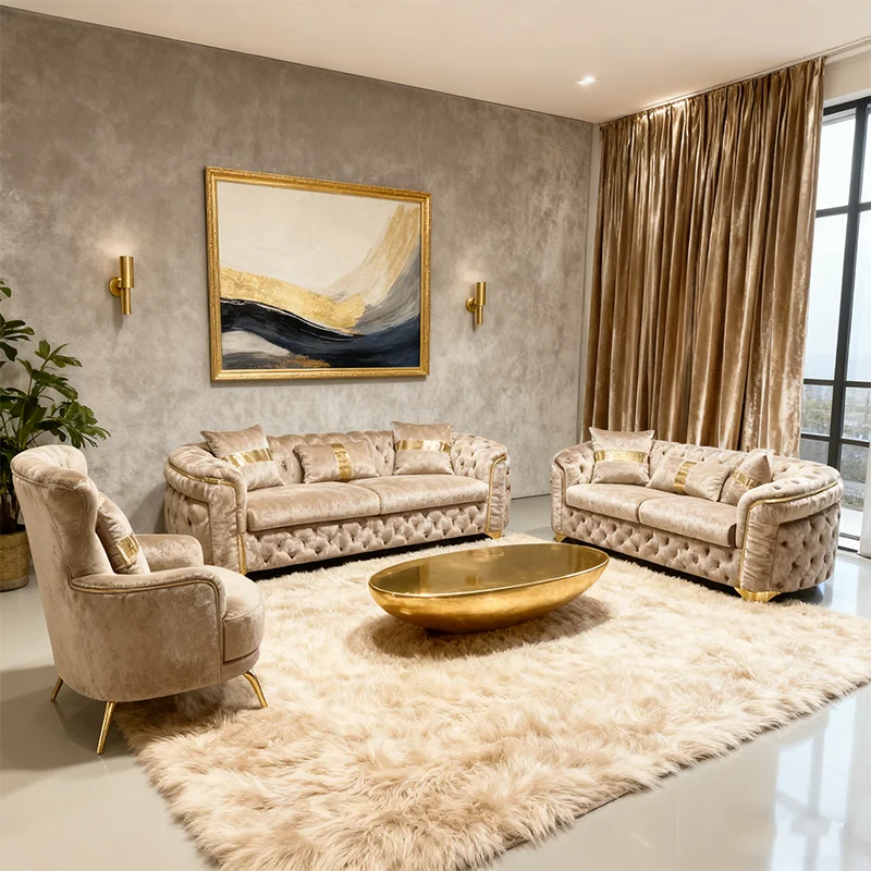 

# Luxury Sofas Set Furniture Velvet Fabric Foam Couches with Gold Decorations Modernos