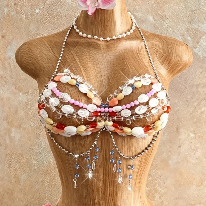 European Ins Sexy Acrylic Crystal Bra Chain Multi-color Stone Beaded Camis Bikini Crop Tops Night Clubwear Summer Body Jewelry