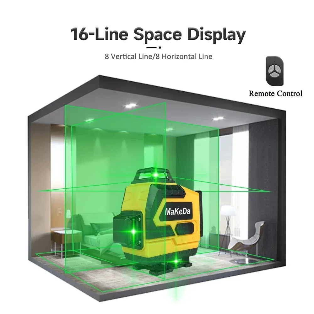 Poziom lasera 16 linii 4D samopoziomujące się 360 poziomy pionowy narzędzie do akumulator litowy wielokrotnego ładowania poziomu światła na zielono