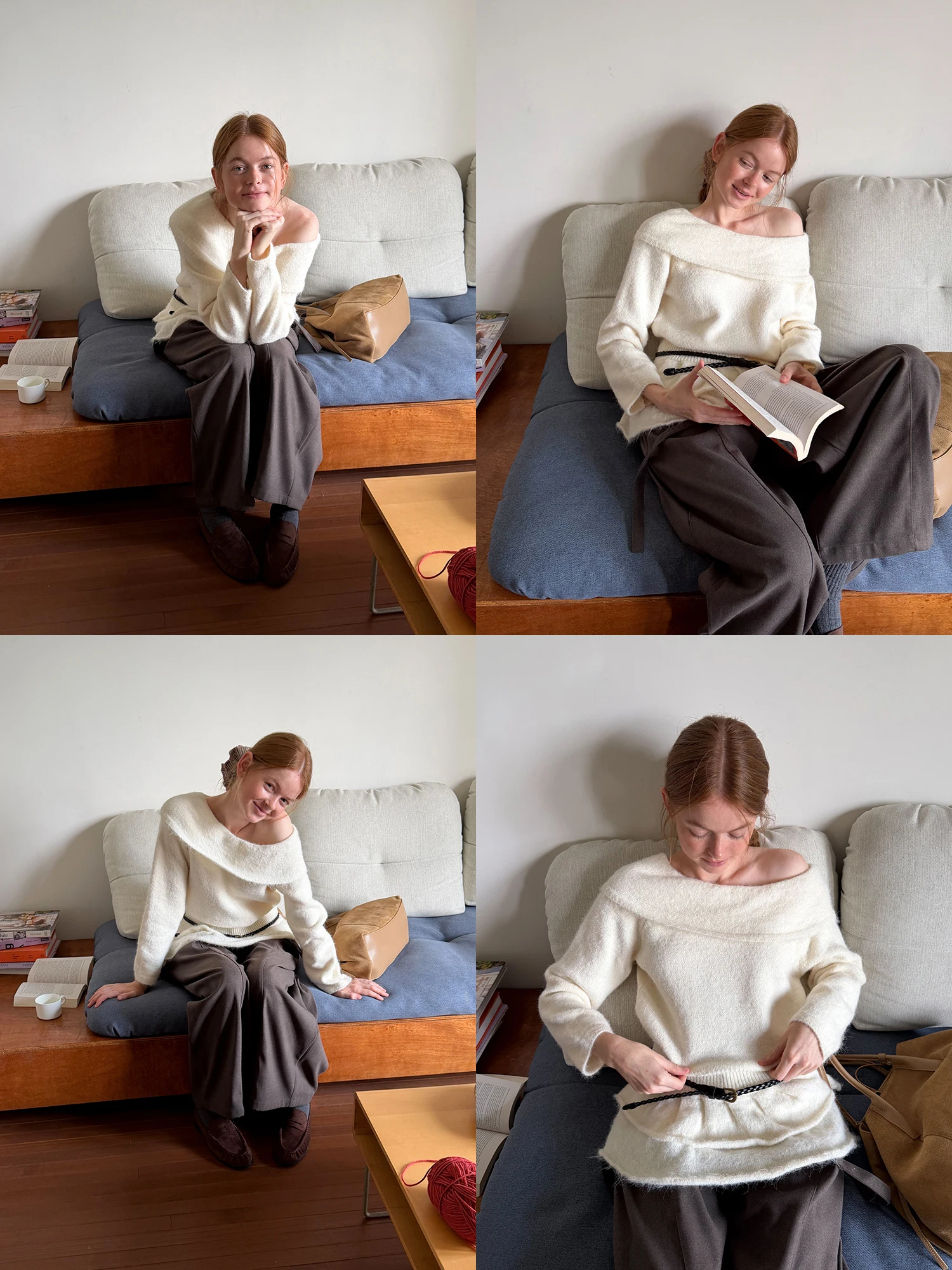 Eggka French Style Knitted Sweater with Bell Sleeves And Collar Double Layered Shoulder Bared Design Autumn Commute Top for W...
