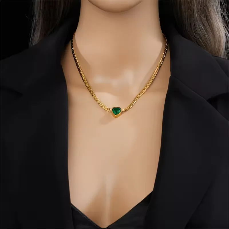 ASONSTEEL New Trend Stainless Steel Heart White Green Cubic Zirconia Crystal Pendant Necklace For Women Clavicle Jewelry Gifts
