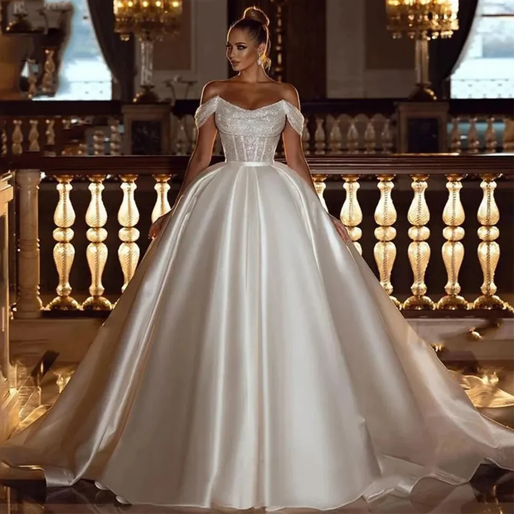 Abiti da sposa da principessa svasati abiti da sposa con paillettes al largo della spalla abiti da ballo Boho Vestido De Noiva dell'arabia saudita